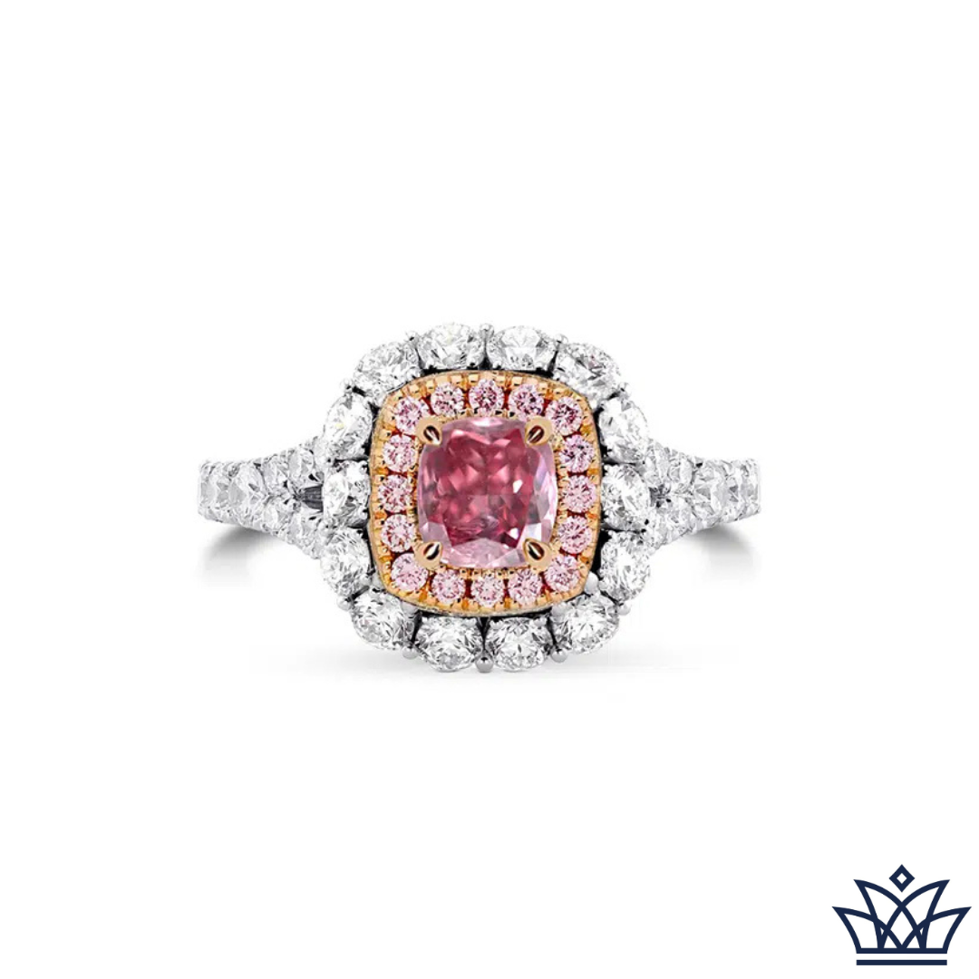 45 Pt Cushion Cut Pink Diamond Double Halo Ring