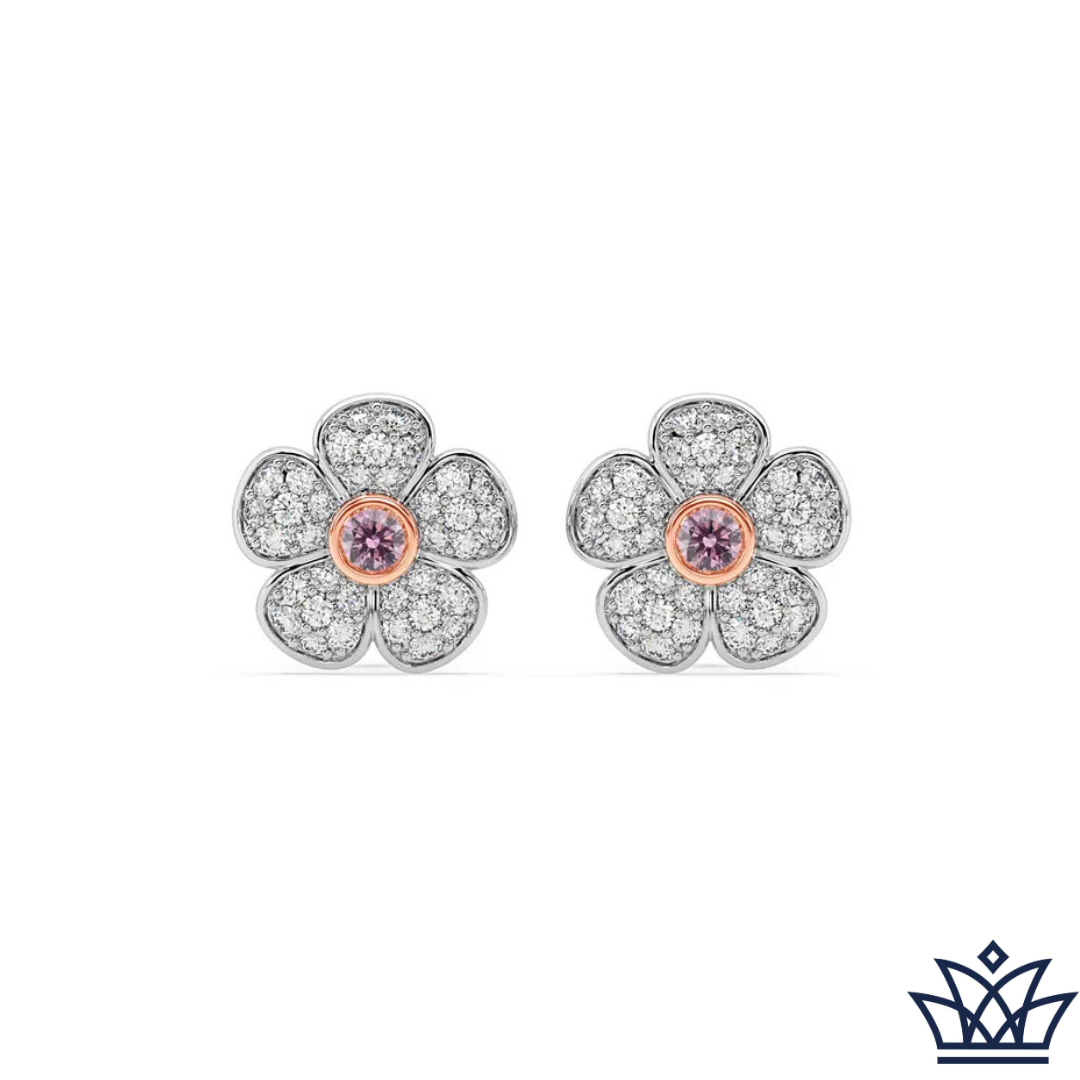 Diamond Encrusted Flower Studs With Pink Diamond Center