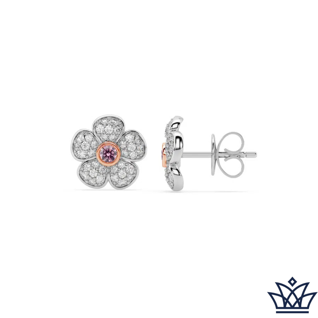 Diamond Encrusted Flower Studs With Pink Diamond Center