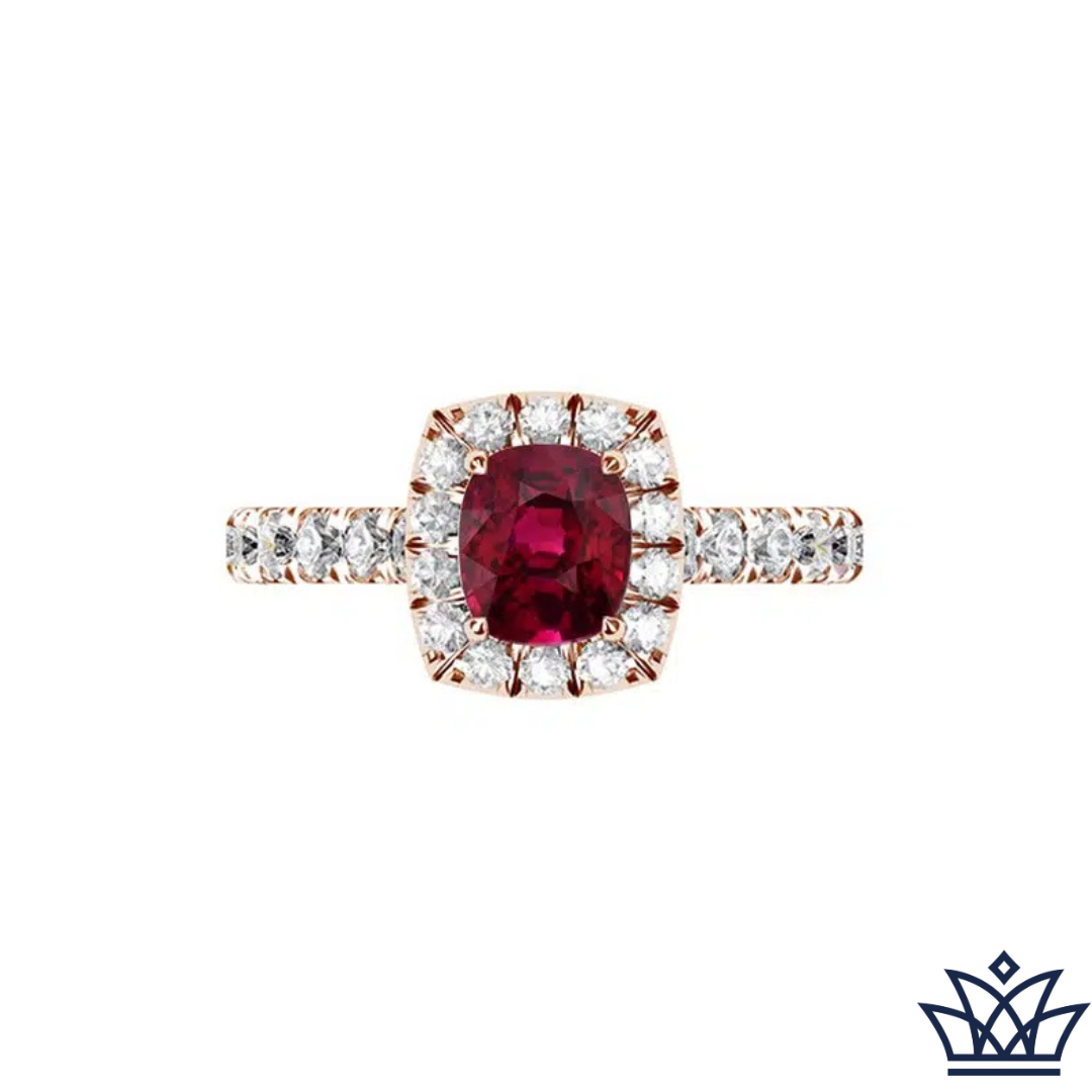 Rose Gold Cushion Cut Ruby Halo Ring