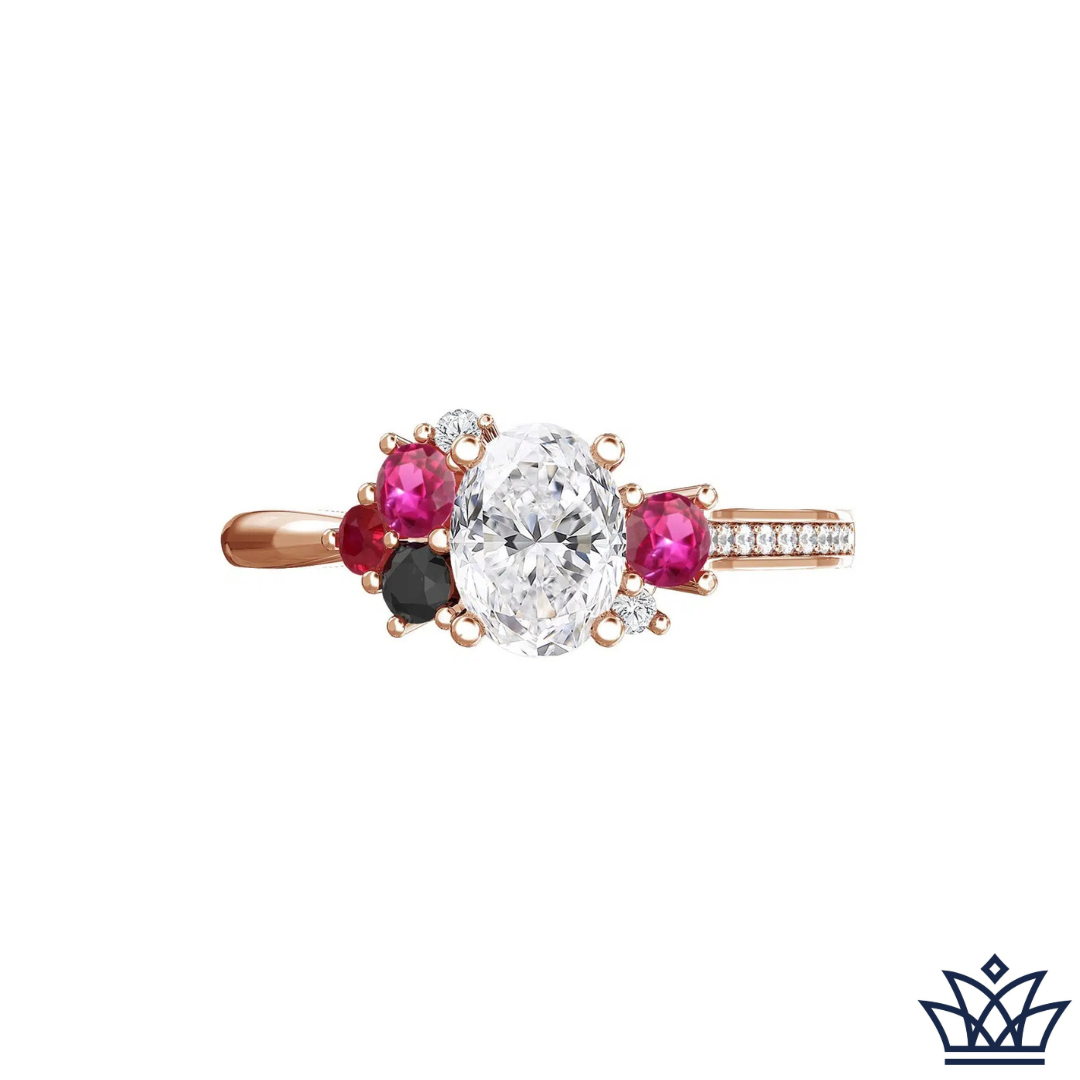 Oval Diamond Engagement Ring with Sapphire, Ruby and Black Diamond as Accents