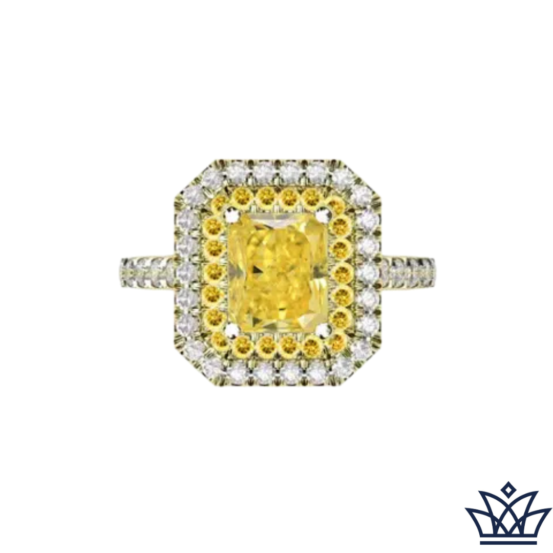 Yellow Diamond Emerald Cut Double Halo Ring