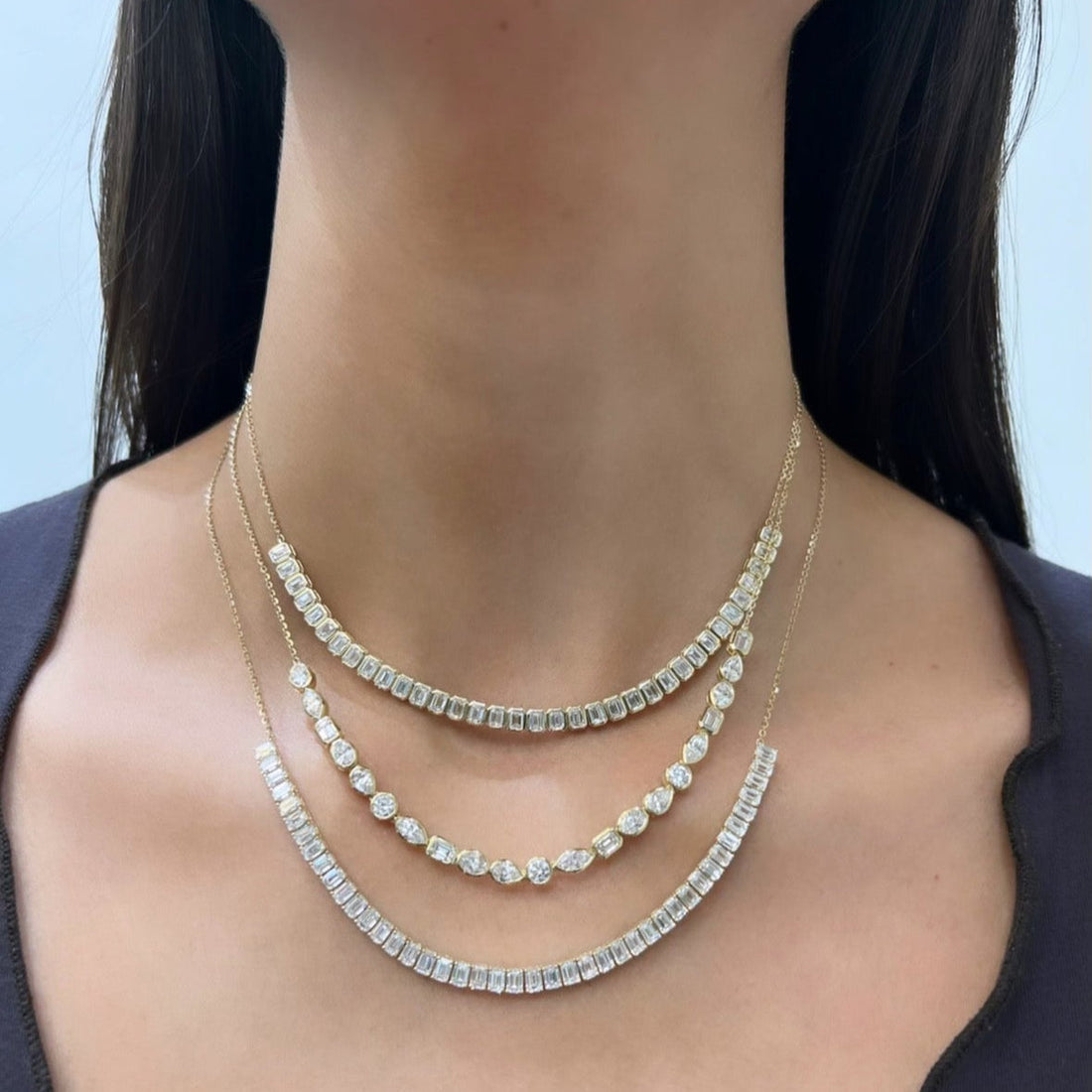Bezel Set Emerald Cut Lab Grown Diamond Half Tennis Necklace