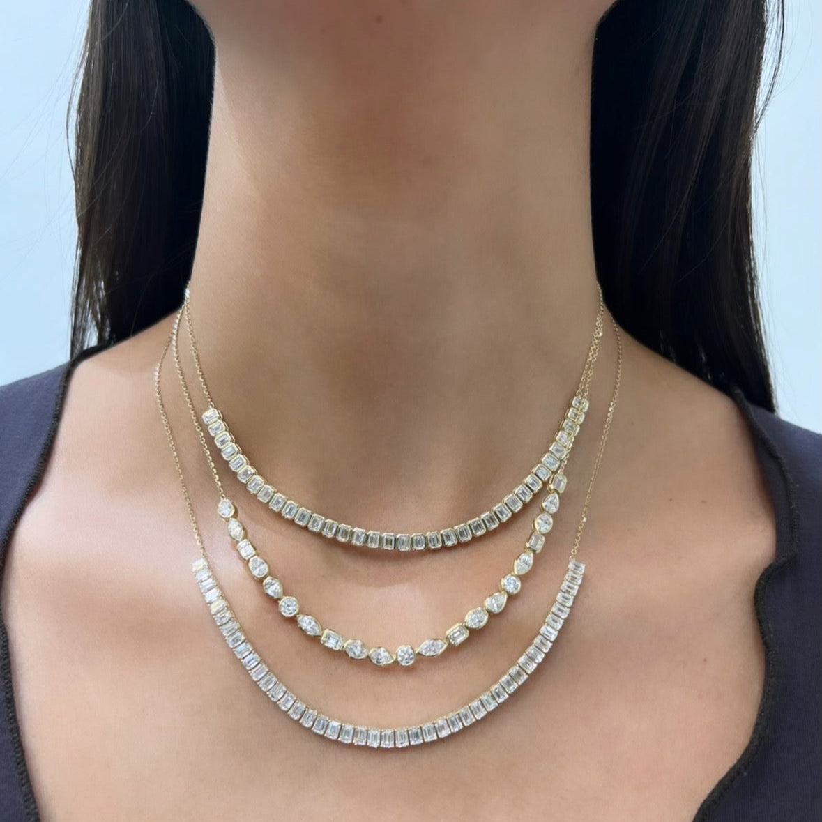 Bezel Set Emerald Cut Lab Grown Diamond Half Tennis Necklace