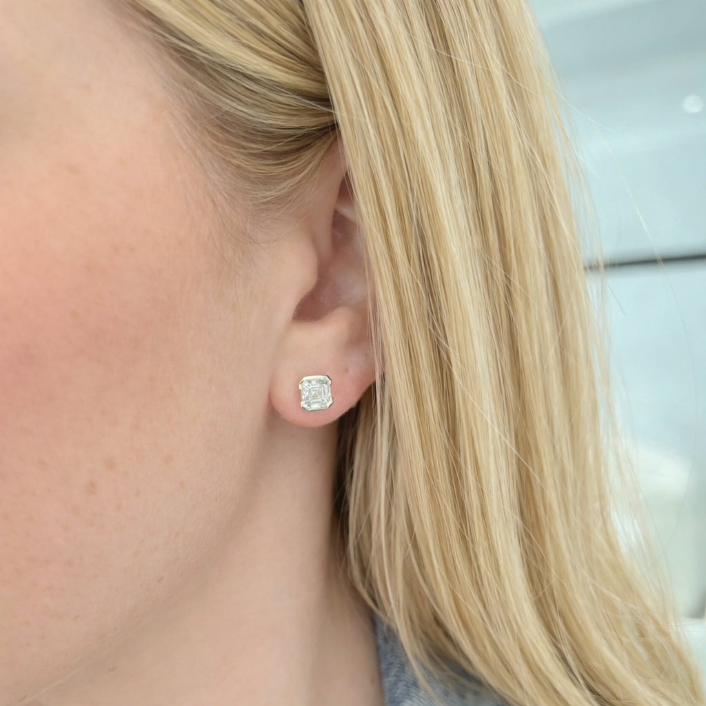 Asscher Half Bezel Lab Grown Diamond Studs