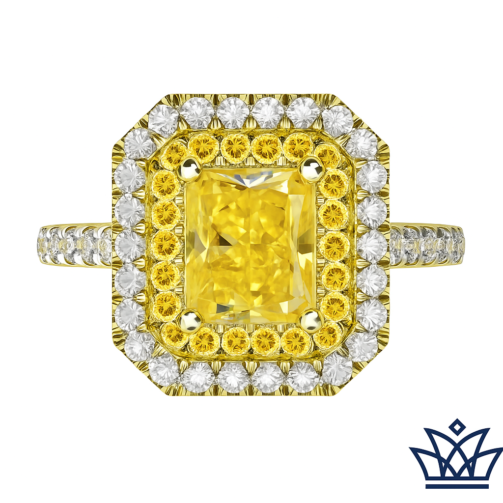 Yellow Diamond Emerald Cut Double Halo Ring