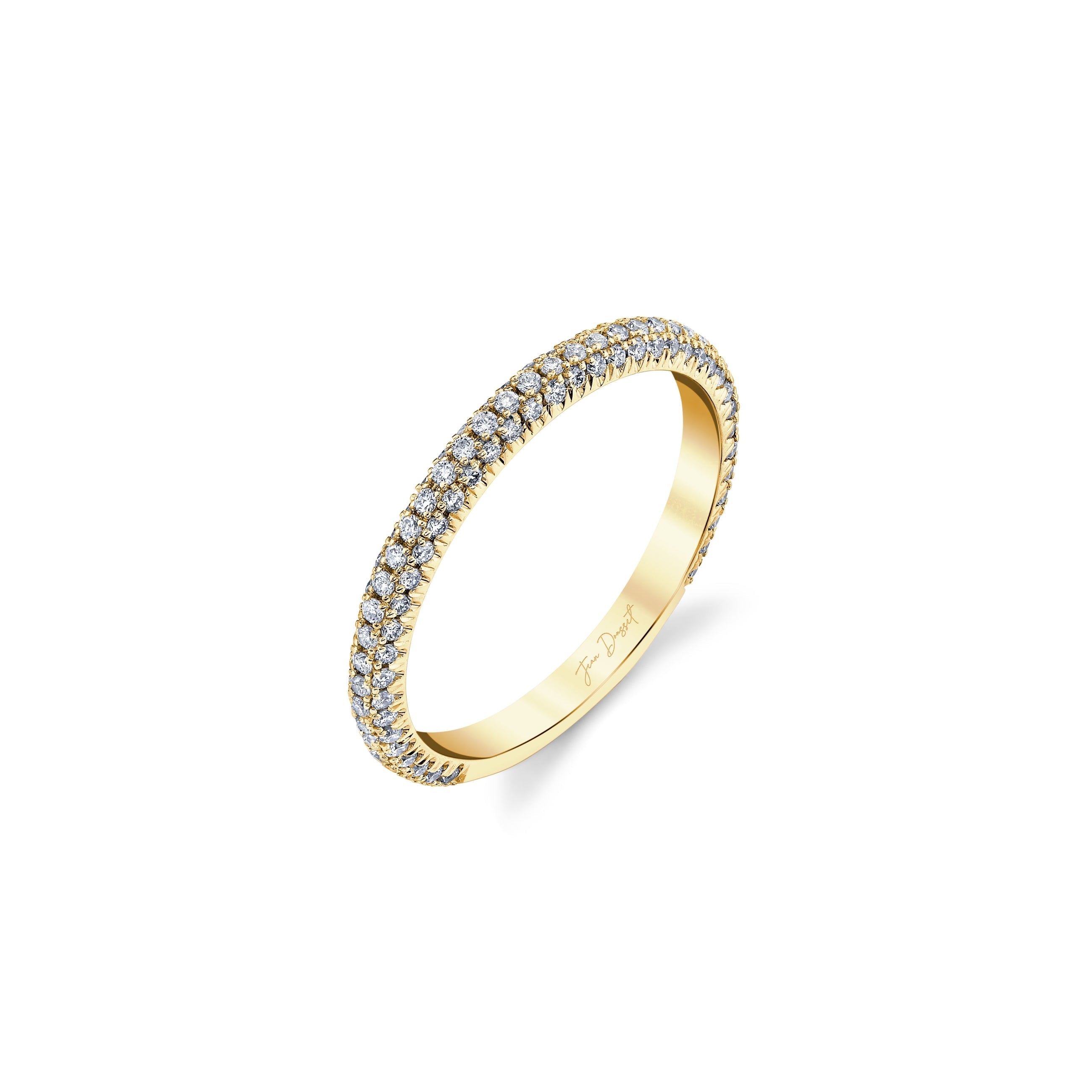 Chelsea Lab Diamond Wedding Band 18k Yellow Gold Three Row Aerial 3/4 View|Precious Metal:18k Yellow Gold;Band Style:Three Row Aerial