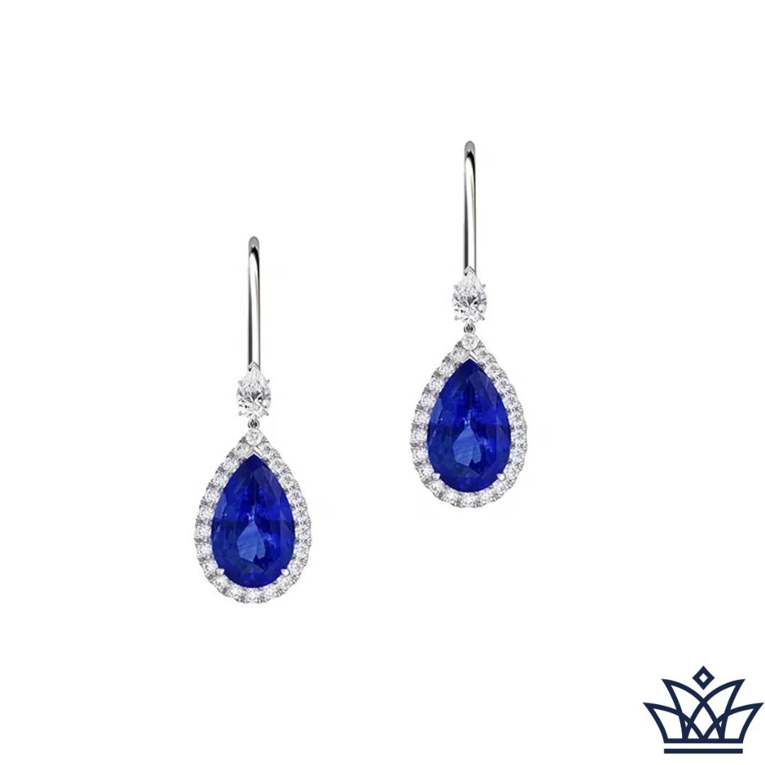 Pear Shape Blue Sapphire Halo Drop Earrings
