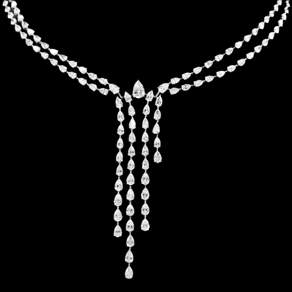 Elegant diamond necklace on a black background with a visible brand logo.