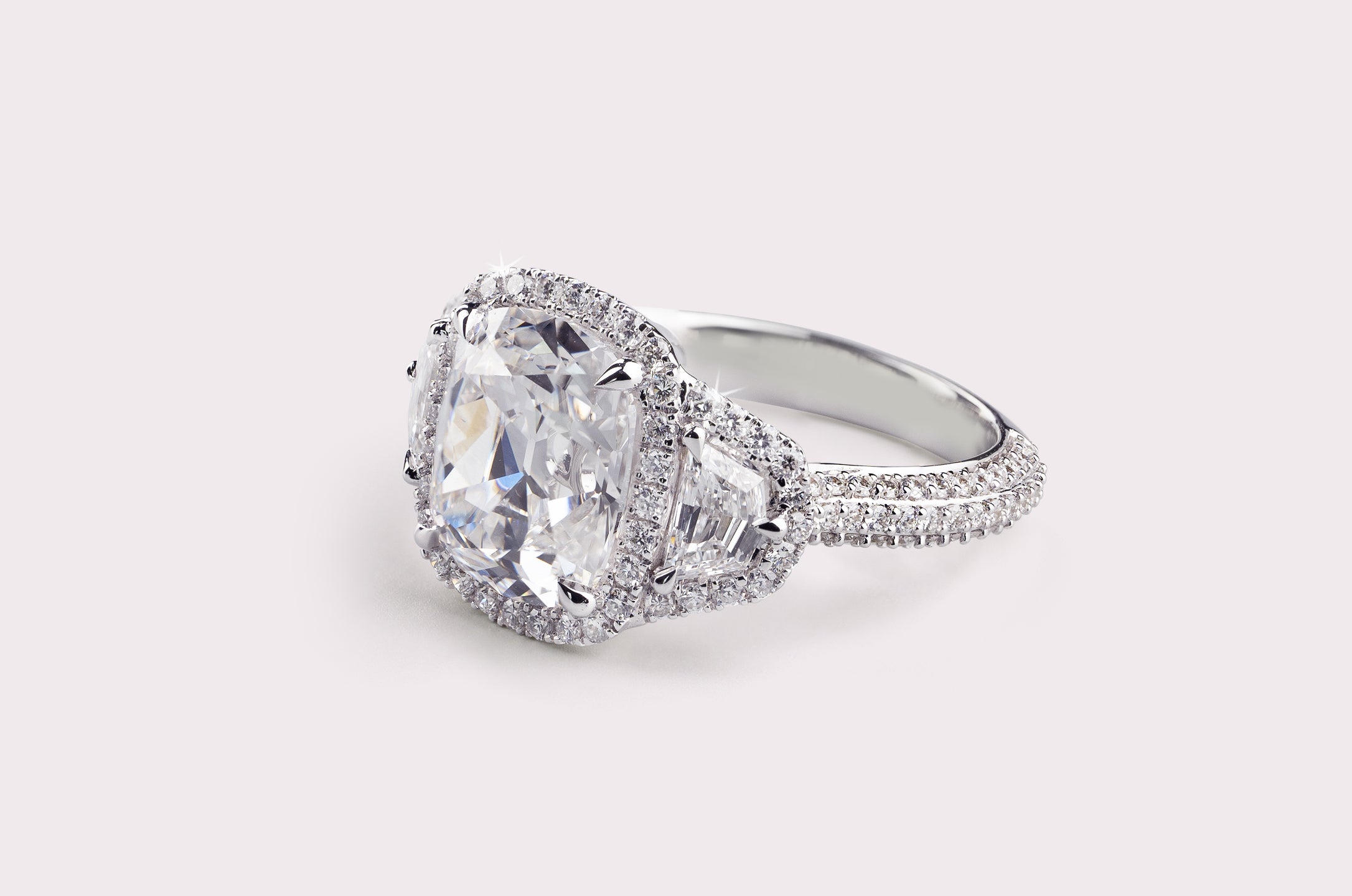 5.61 Cts 18K WHITE GOLD Antique Cushion Shape 3 Stones Halo Ring