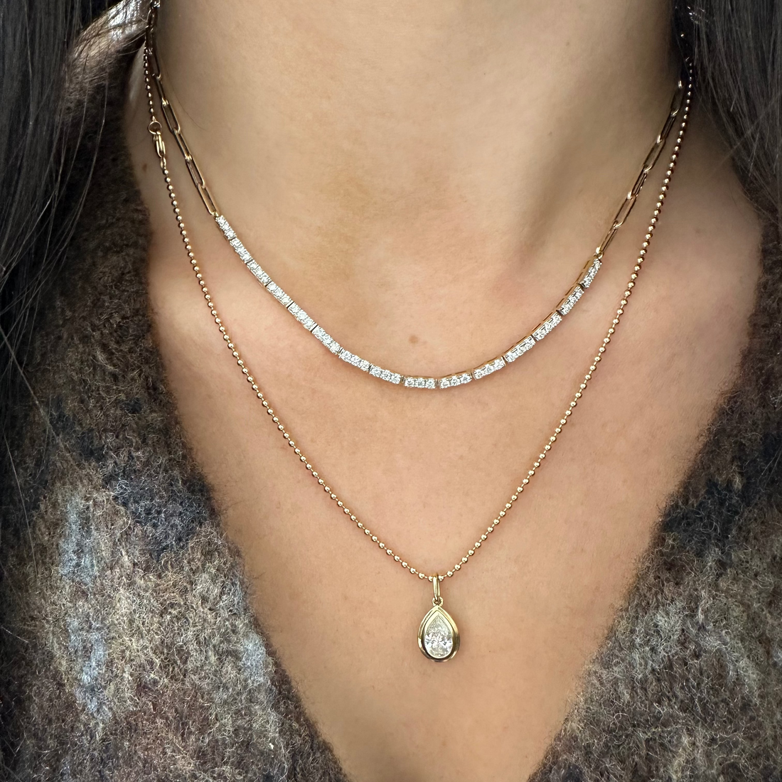 Half Tennis Necklace on Paper Clip Chain