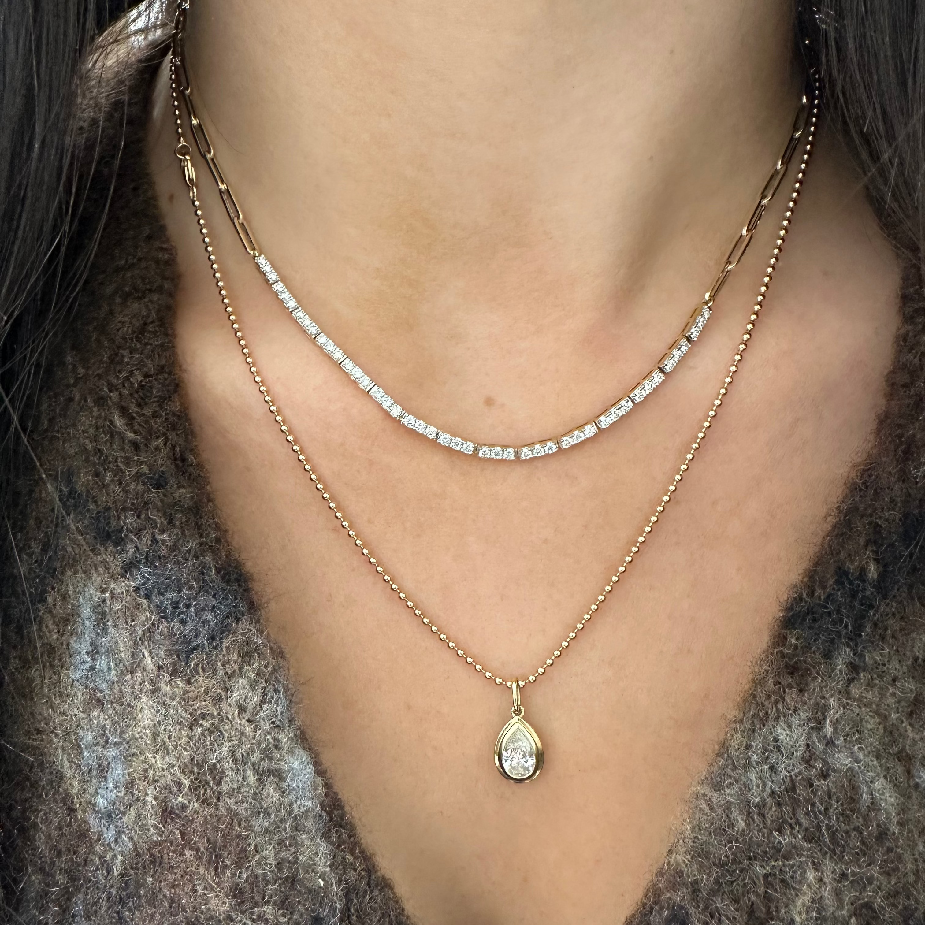 Half Tennis Necklace on Paper Clip Chain