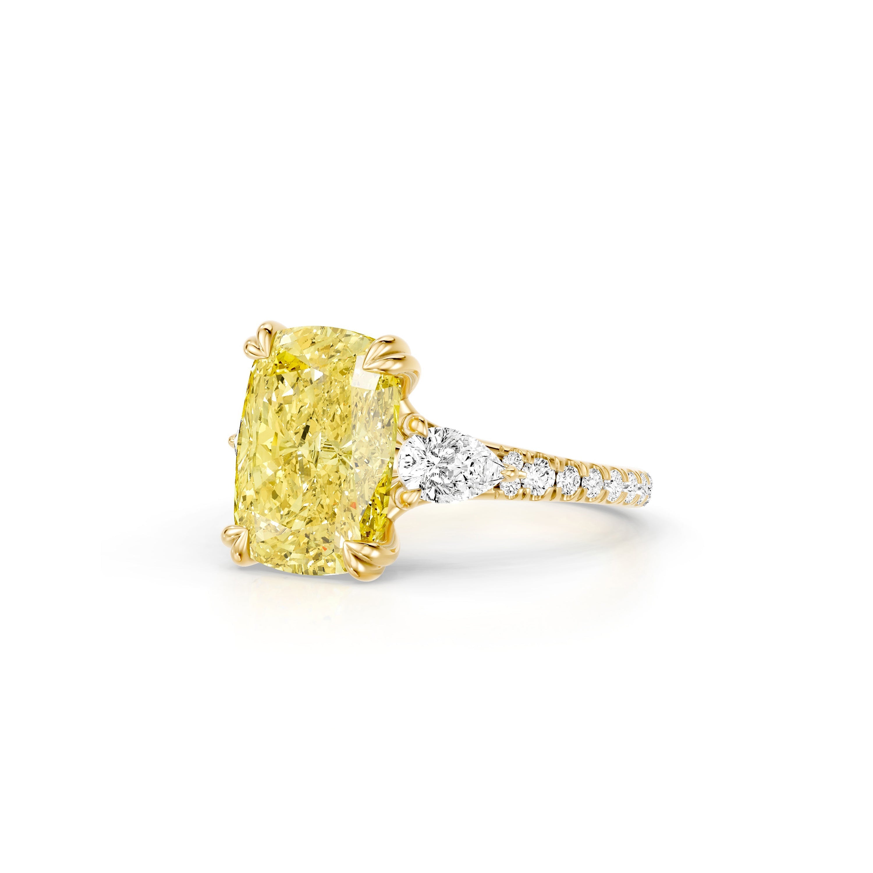 High Jewelry | Jane Elongated Cushion Yellow Diamond Three Stone Engagement Ring