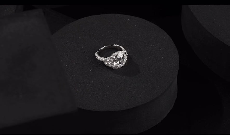 5.61 Cts 18K WHITE GOLD Antique Cushion Shape 3 Stones Halo Ring